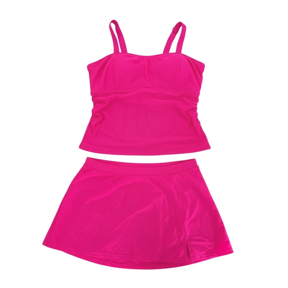 Zaful Tankini Swimsuit Womens Large Hot Pink 2 Piece Ruched Skirtini Set NWT